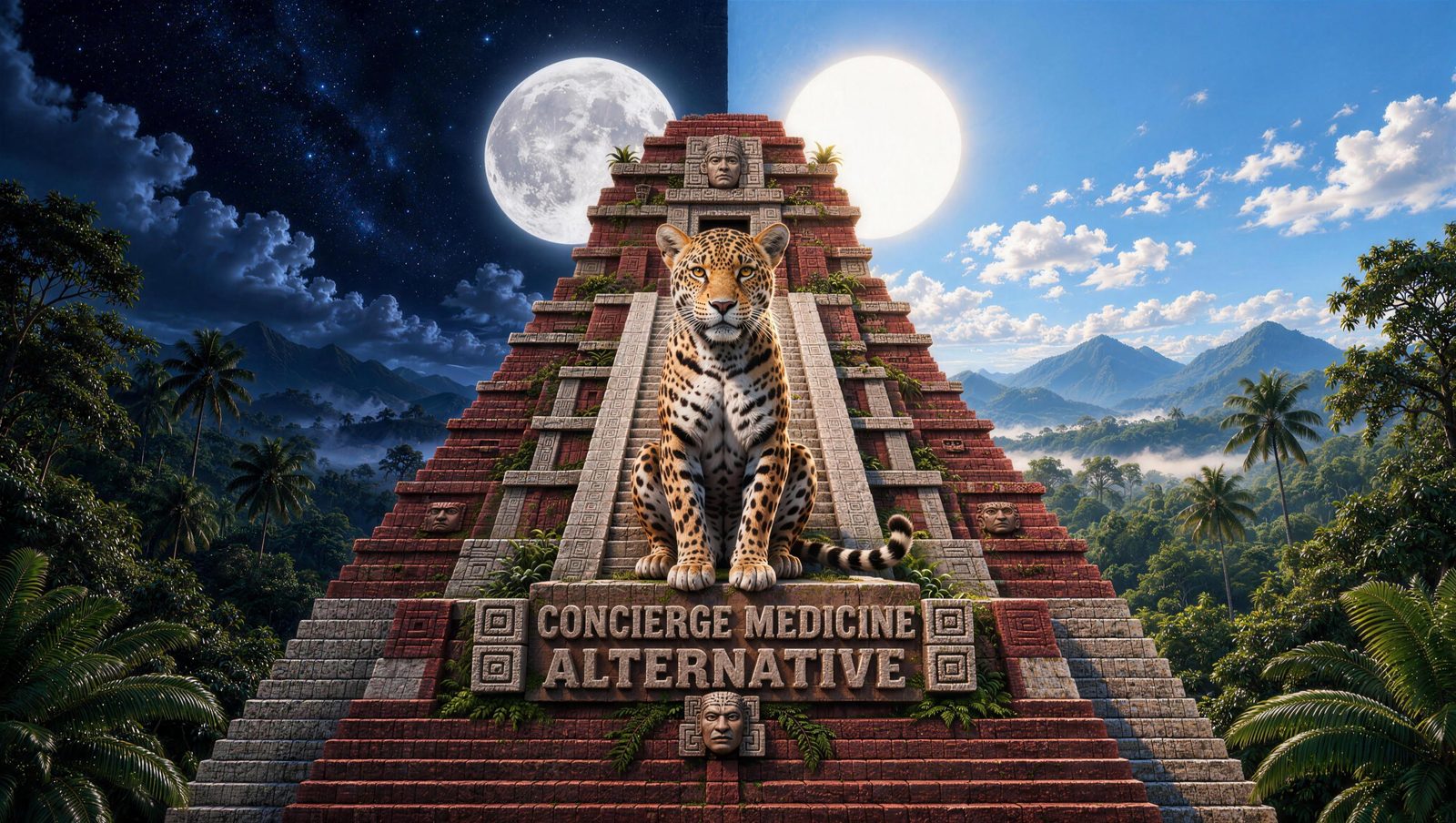 Bond the jaguar on a pyramid, beneath the sun and moon